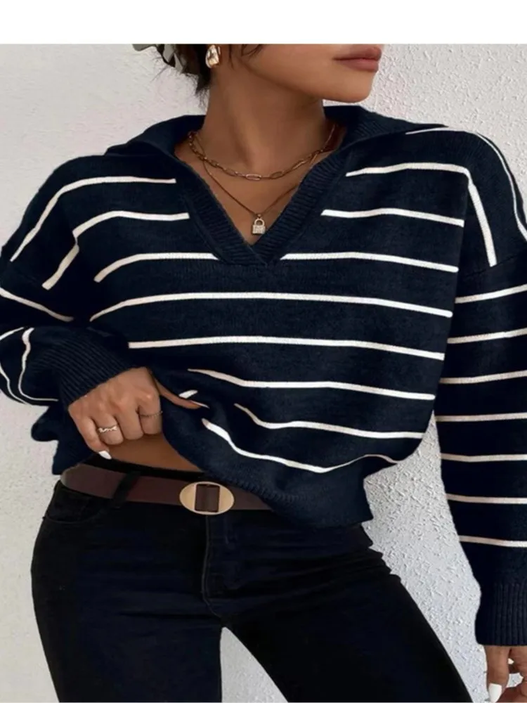 

Winter Clothes Woman Pulls Femmes Fashion New Long-sleeved Striped Knitted Top Versatile All-match Loose Simple Style Sweater