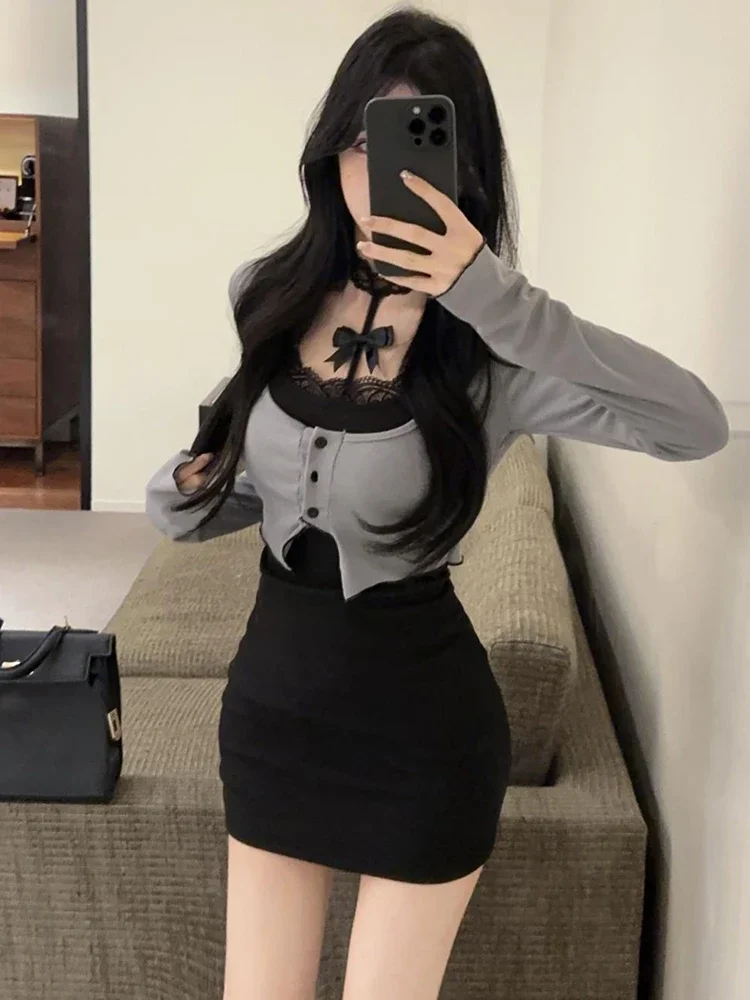 

Сексуальное черное платье с бантом, комплекты из 2 предметов, женские тонкие топы на пуговицах с длинными рукавами, модное ажурное кружевное платье с лямкой на шее, женское платье