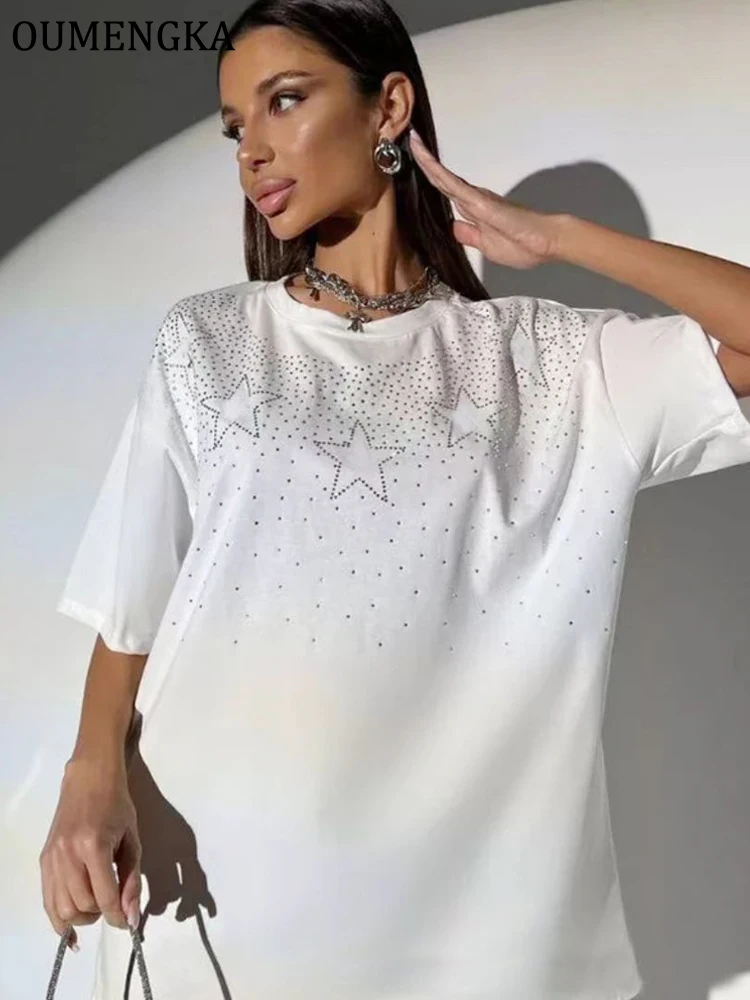 Summer Cotton T Shirt Women Stars Inlaid Diamonds O-Neck Oversized Trend Soft Tops Short Sleeve Vintage Fashion Loose Tee