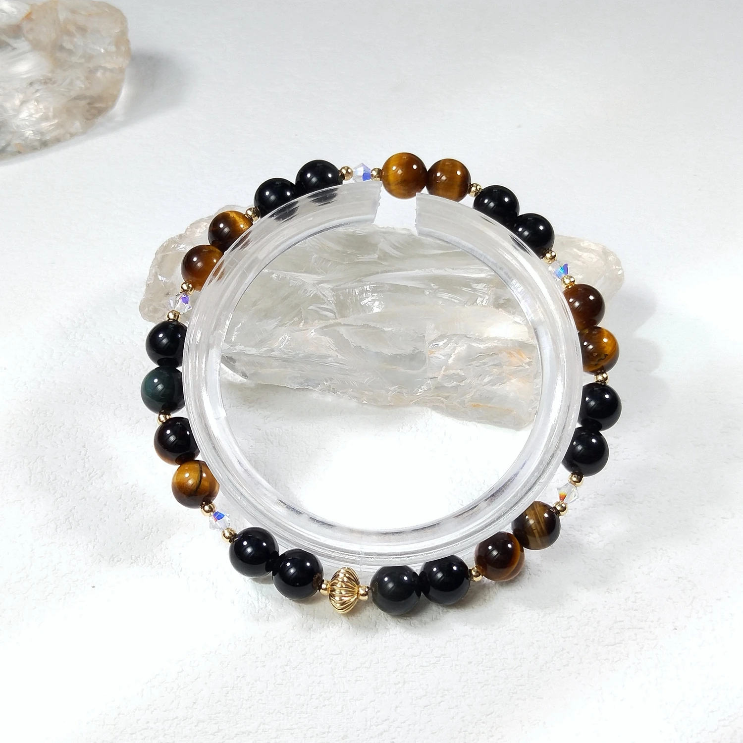 Lii Ji Natural Stone Rainbow Obsidian Tiger's Eye 6/8mm With Crystal American 14K Gold Filled Elastic Bracelet