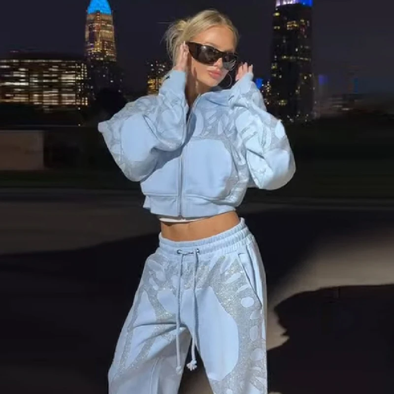 Women Y2k Glitter Rhinestone Print 2 Piece Tracksuit Cropped Zip Up Hoodie High Waist Wide Leg Sweatpants Matching Set Outfit