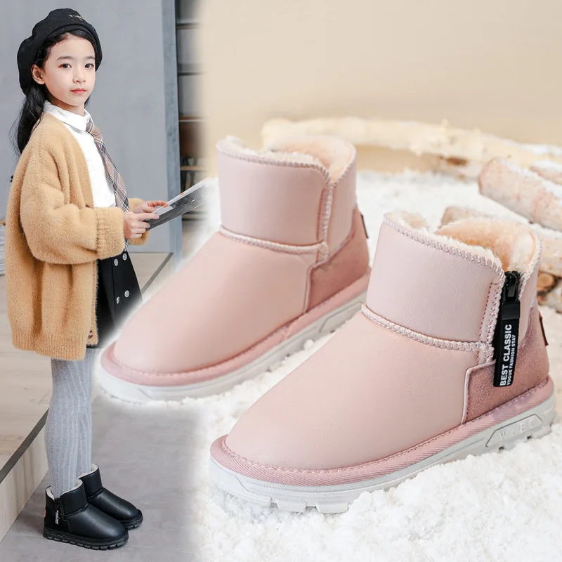 

Kids Winter Snows Boots Fashion Children Cotton Shoes Warm Anti-skid Plush Baby Botas PU Leather Ankle Short Boots Size 26-37