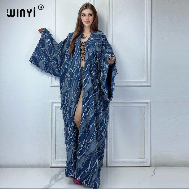 

WINYI Kimono Washed jacquard denim with spliced raw edge Cardigan maxi Dress elegant Party Swimming beach Cover Up dress abaya