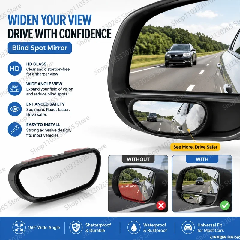 

Universal Wide Angle Blind Spot Mirror, HD Glass Convex Rearview Mirror to Eliminate Blind Spots for Safe Driving