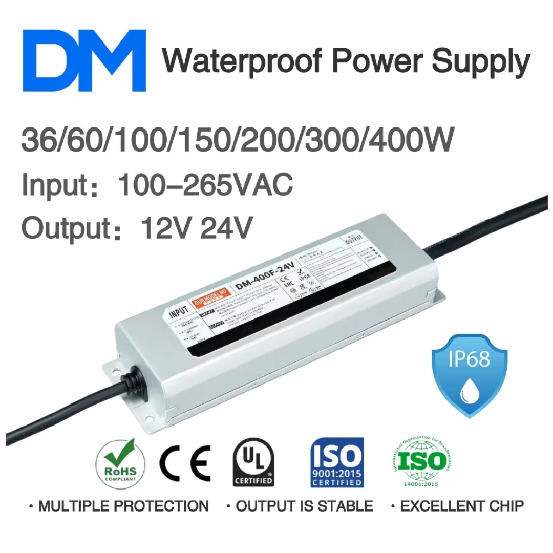 AC 170-265V à DC 12V/24V 36W 60W 100W150W200W300W400W IP68 alimentation à découpage étanche 100% charge d'alimentation pilote de lumière LED