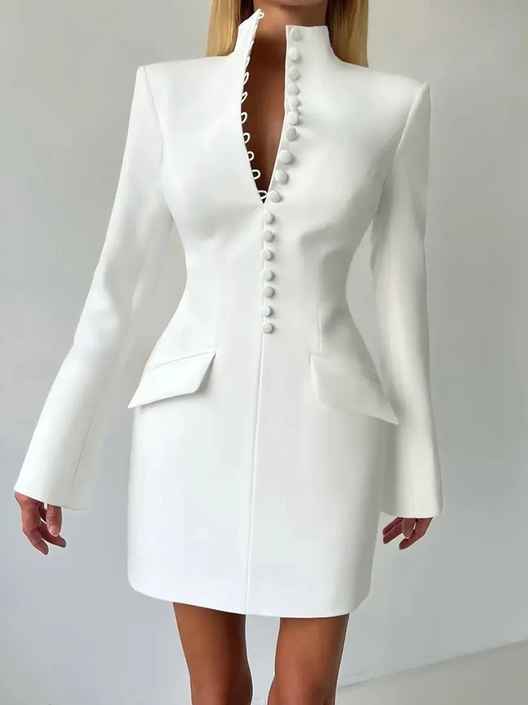 

FDYOUI Elegant Stand Collar Buttons Short Dress High Street Office Lady Long Sleeve Tunics A-line Blazer Dresses White Black