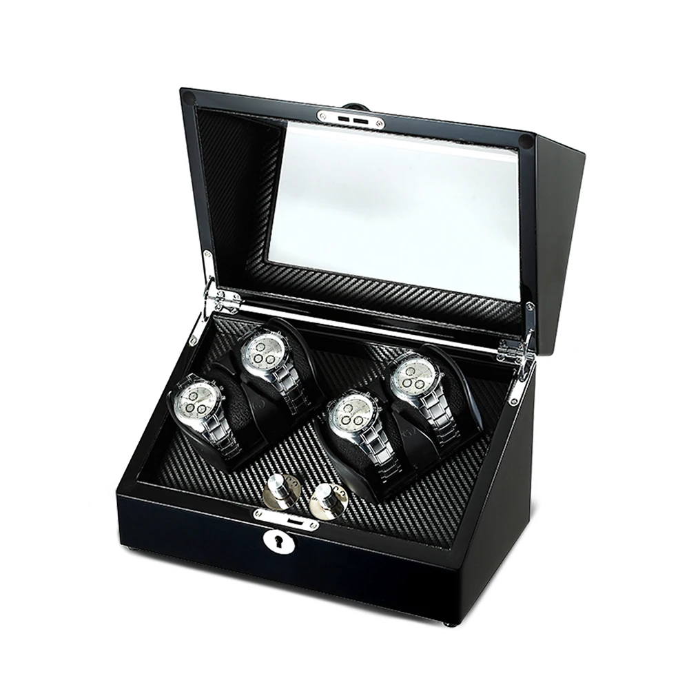 Watch Winder 4 Slot for Mechanical Watch Soft Leather Pillow LED Light Clear Acrylic Window Storage Box Wooden Watch Winder