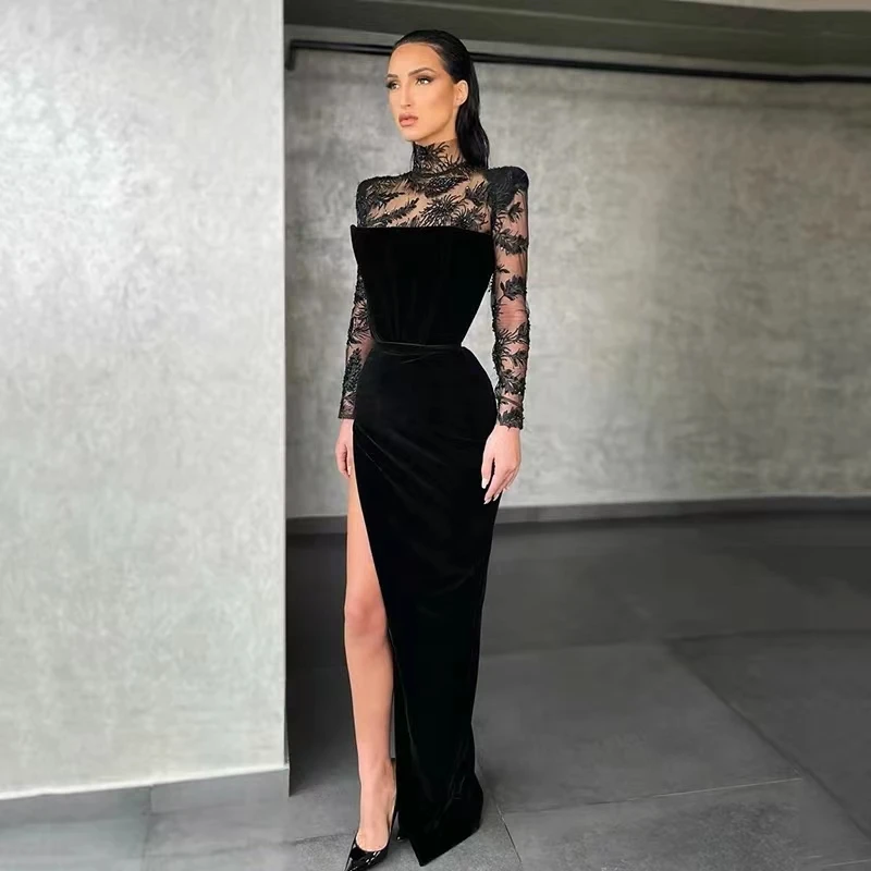 

Black Velvet High Neck High Evening Dresses Long Sleeve Mermaid Lady Gorgeous Lace Applique Side Slit Dubai Formal Prom Gowns De