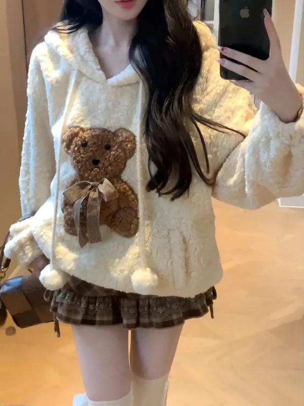 Cute Bear Print Hoodie And Plaid  Skirt Two-Piece Set for Women Autumn Winter Thiened Long Sve round Ne Casual Sle
