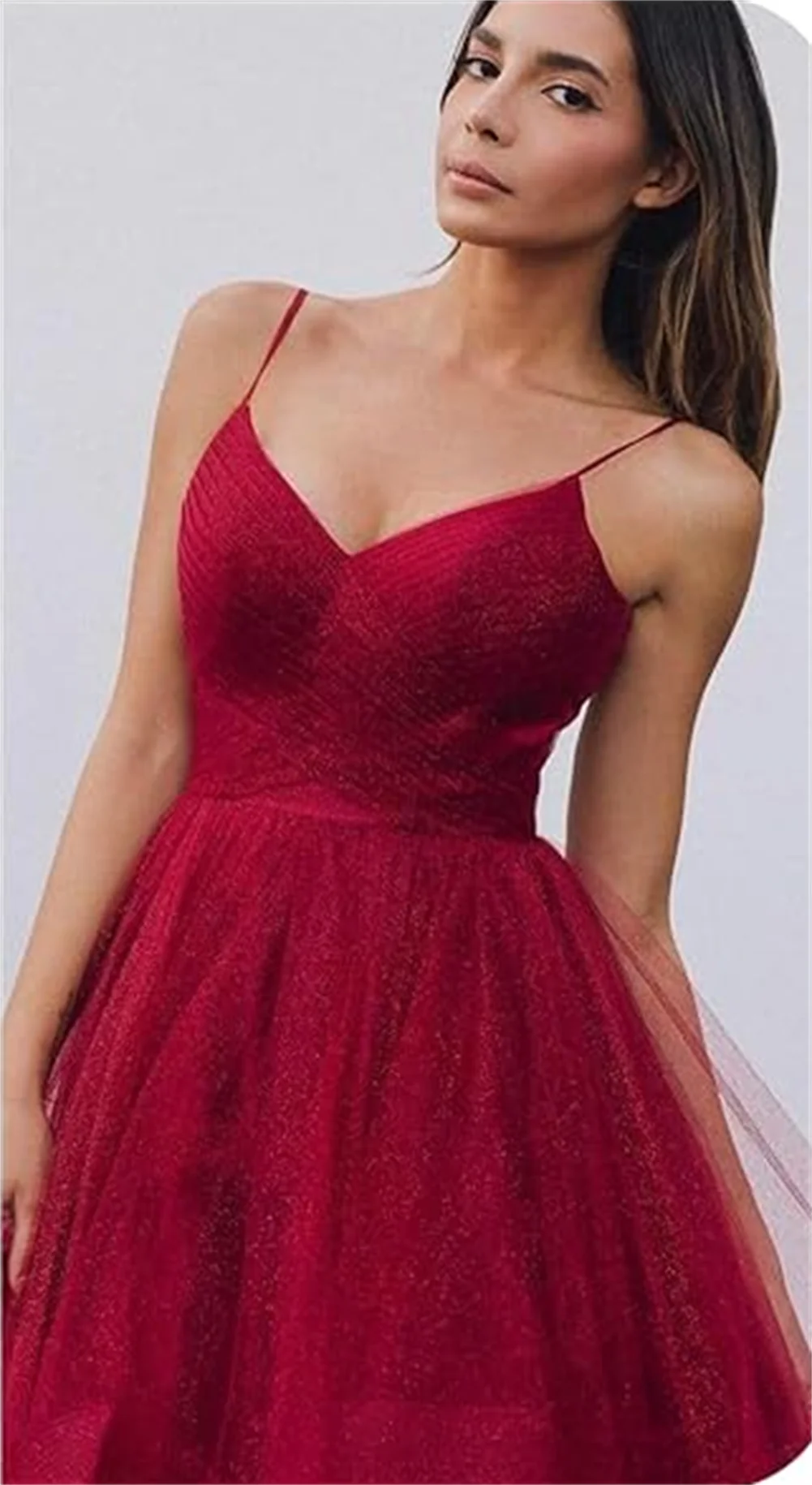 Customized V Neck Glitter Tulle Long Prom Dresses Spaghetti Straps Ball Gown For Women Puffy Tiered Formal Evening Party Dresses