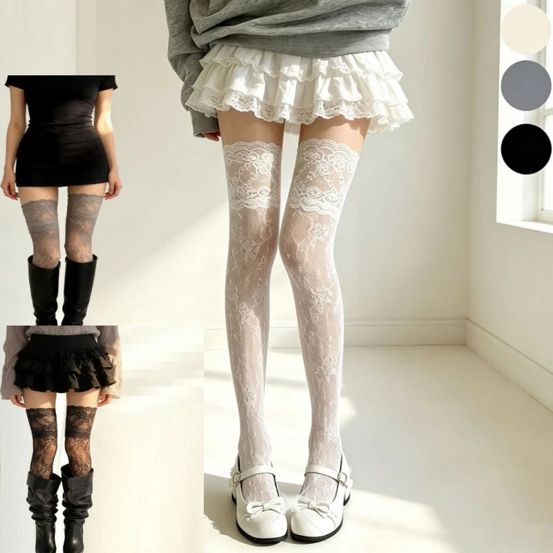 Y2K Damen Spitzen-Blumen-Netzstrümpfe Kostüme JK Lolita Overknee-Socken mit Spitzenbesatz Atmungsaktive Netzstrümpfe 1-3 Stück
