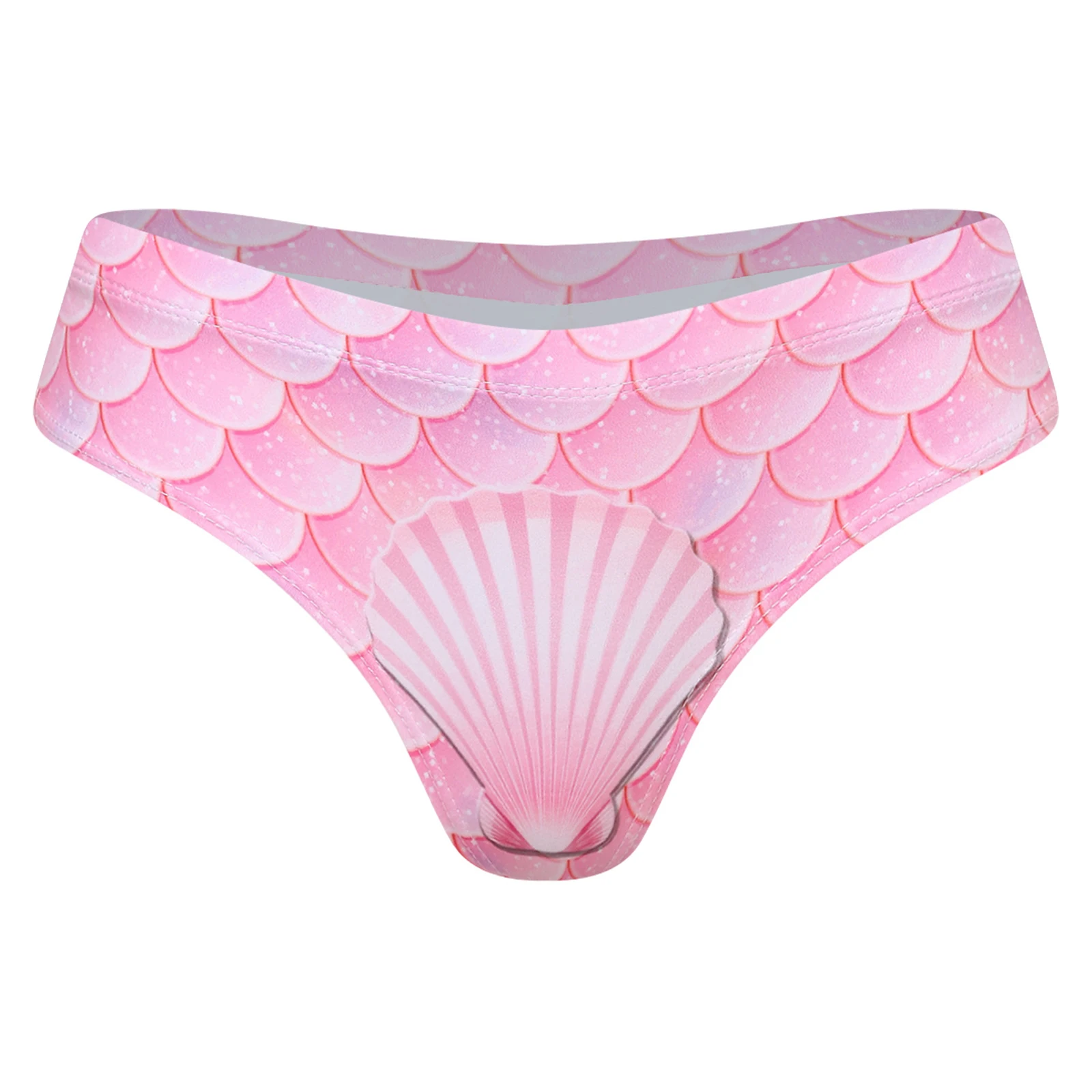 Womens Low Rise Bikini Swim Bottoms Mermaid-style Fishscale Print Elastic Waistband T-back Briefs Quick-dry Swimwear Brfiefs