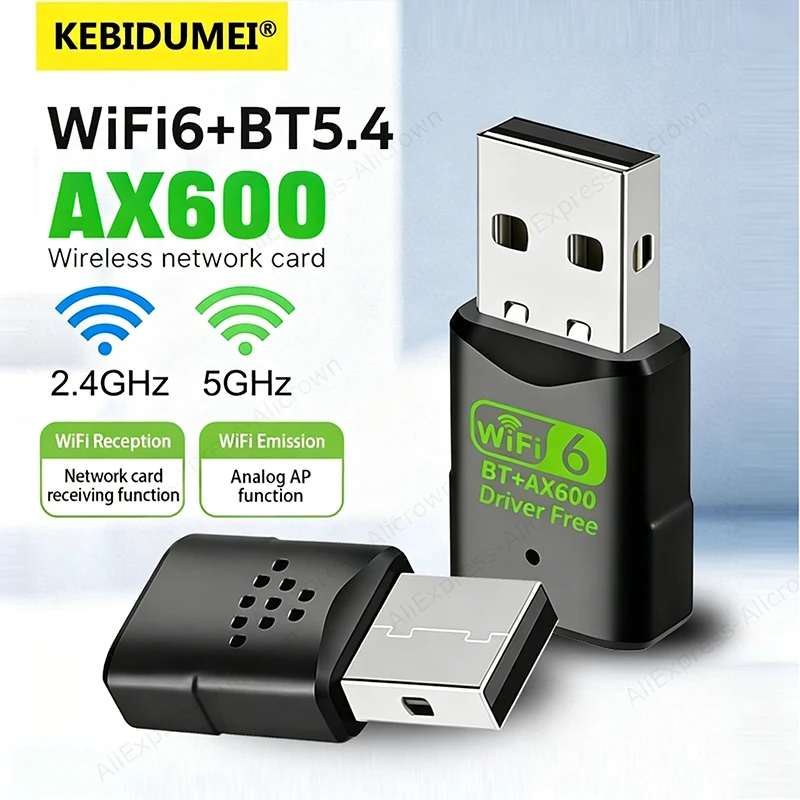 

KEBIDUMEI USB WiFi6 Adapter 600Mbps Wifi Dongle Bluetooth5.4 Wireless Network Card 2.4GHz 5GHz Mini WiFi Receiver For Win10/11
