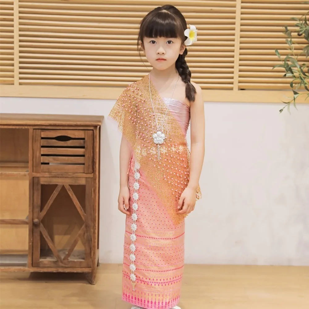 Strój na festiwal Dai w stylu tajskim, etniczny, z pozłacanym splotem, tradycyjny strój tajski, spódnica z łańcuszkiem w talii, zestaw tajski, top i spódnica, podróż