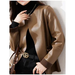 Women's Leather Jacket, Genuine Sheepskin, Short Leather Coat, Drawstring Waist, Genuine Leather Slim Tops, Spring, Autumn