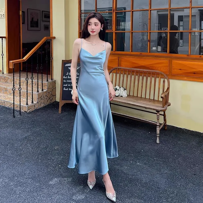 ชุดเดรสสายเดี่ยวผ้าซาตินไหมอะซิเตทหรูหราสง่างามสำหรับผู้หญิง สีเขียว ม่วง ดำ ชมพู ขาว ทรงเข้ารูป สายยาว