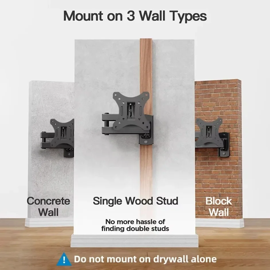 Full Motion TV Monitor Wall Mount for 10-32 Inch Screens, Holds 11-15kg, Tilt ±15° Swivel ±90°, Aluminum-Iron Construction