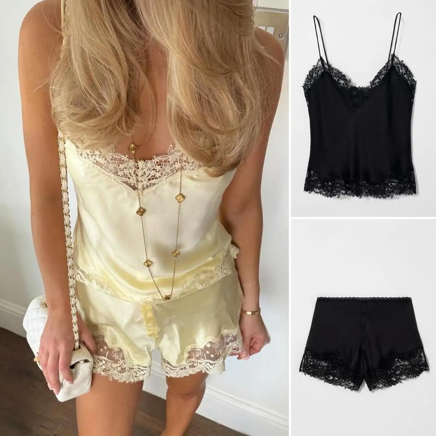 

Брюки со средней талией и украшениями на пуговицах. Кружевное нижнее белье. Топ без рукавов. 758200. Украшения на пуговицах.