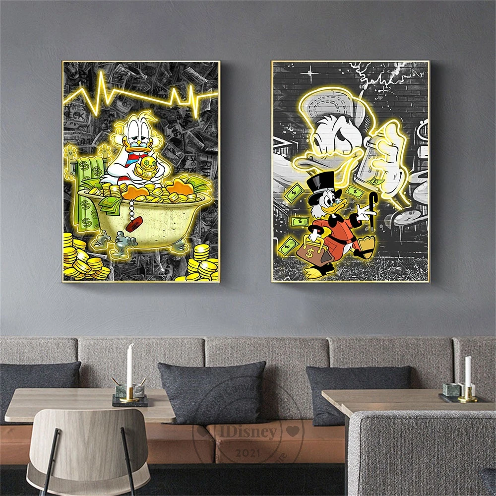 

Disney Scrooge Donald Duck Graffiti Poster Luxury Rich Money Funny Cartoon Prints Canvas Painting Wall Art Room Home Decoration