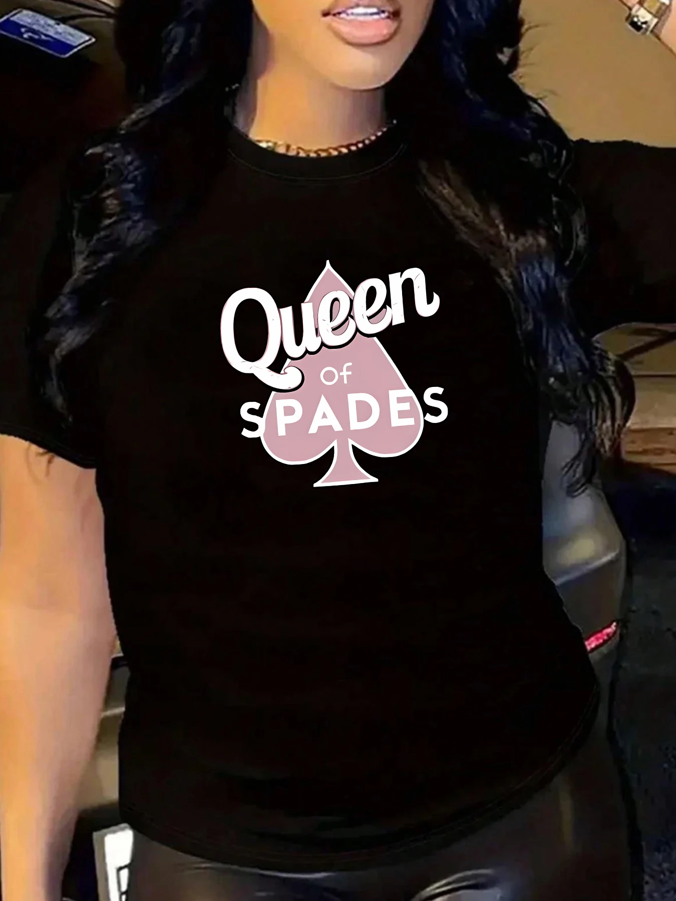 

QUEEN OF SPADES letter pattern ladies summer trend short sleeve T-shirt casual everyday Joker fashion women wear