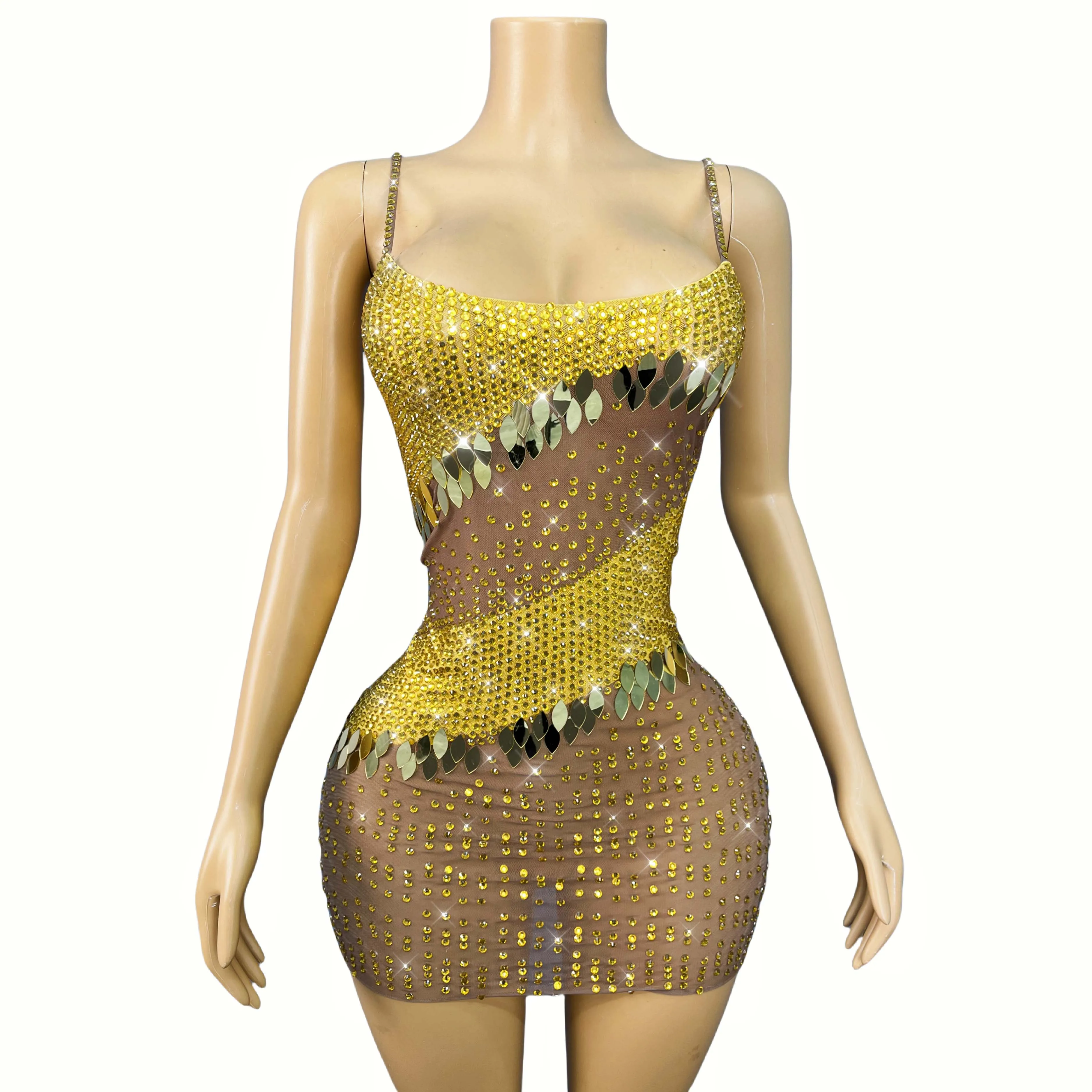 New Designed Twinkling Rhinestones Mirrors Trim fit Suspender Dress Women Party Celebrate Show Fashion Outfit Stage CostumeEyuye