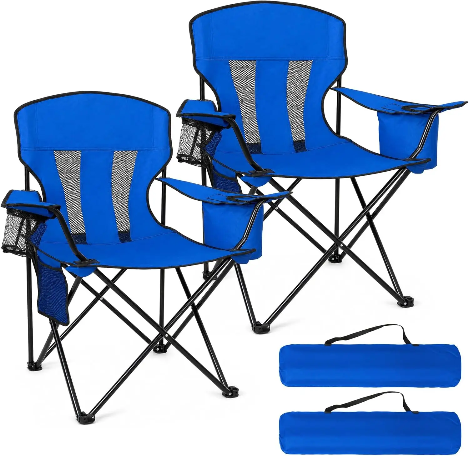 

2-Pack Heavy Duty Folding Camping Chairs with Cooler Bag & Cup Holder, Blue, 400lbs Capacity
