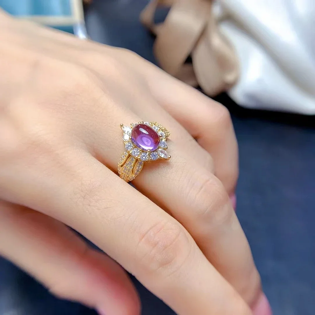 Royal Design 925 Silver Amethyst Ring for Party 6mm*8mm 1ct Natural Amethyst Jewelry 18K Gold Plated Crystal Jewelry