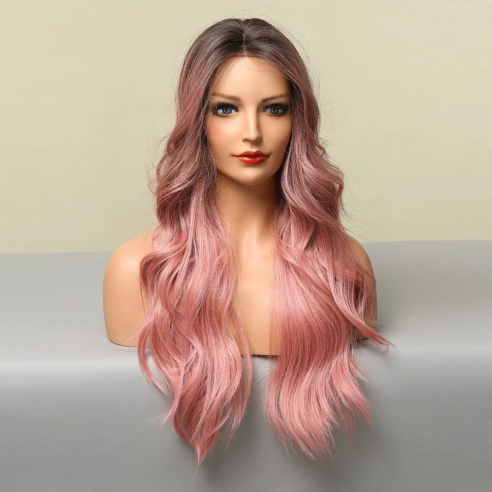 CharmSource Long Natural Wavy Hair Lace Front Wigs Pink Wig Party Cosplay Wig for Women High Density Heat Resistant