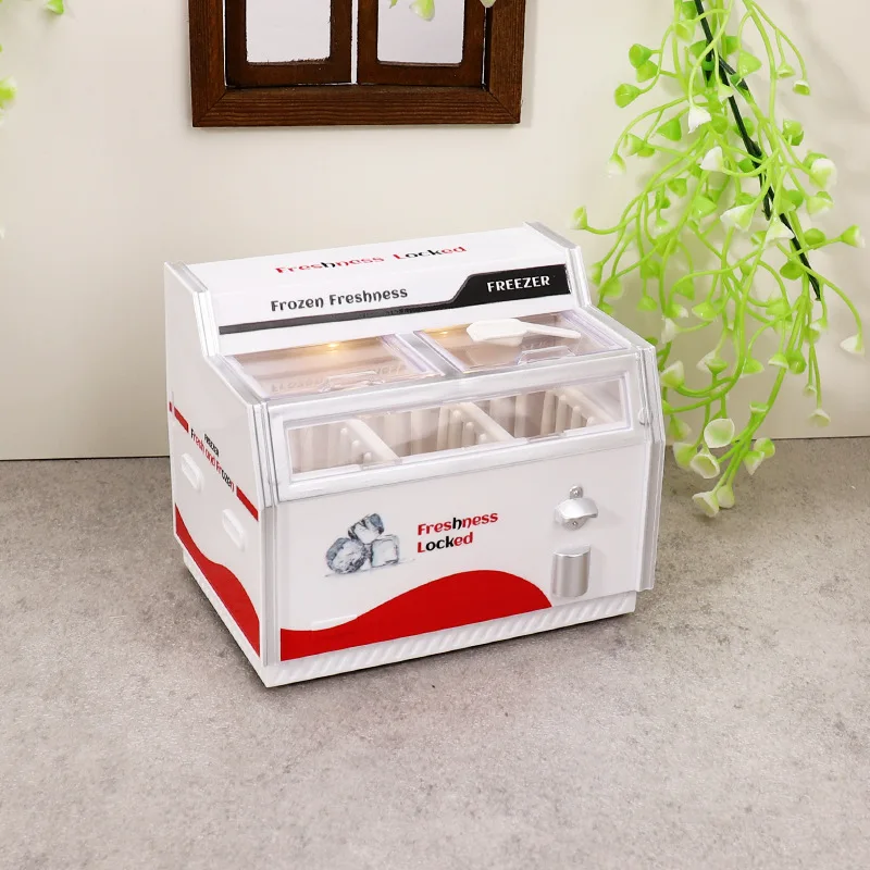 

New Simulated Mini Supermarket Miniature Doll house Horizontal Refrigerator with Light Simulation Model Home Ice Cream Cabinet