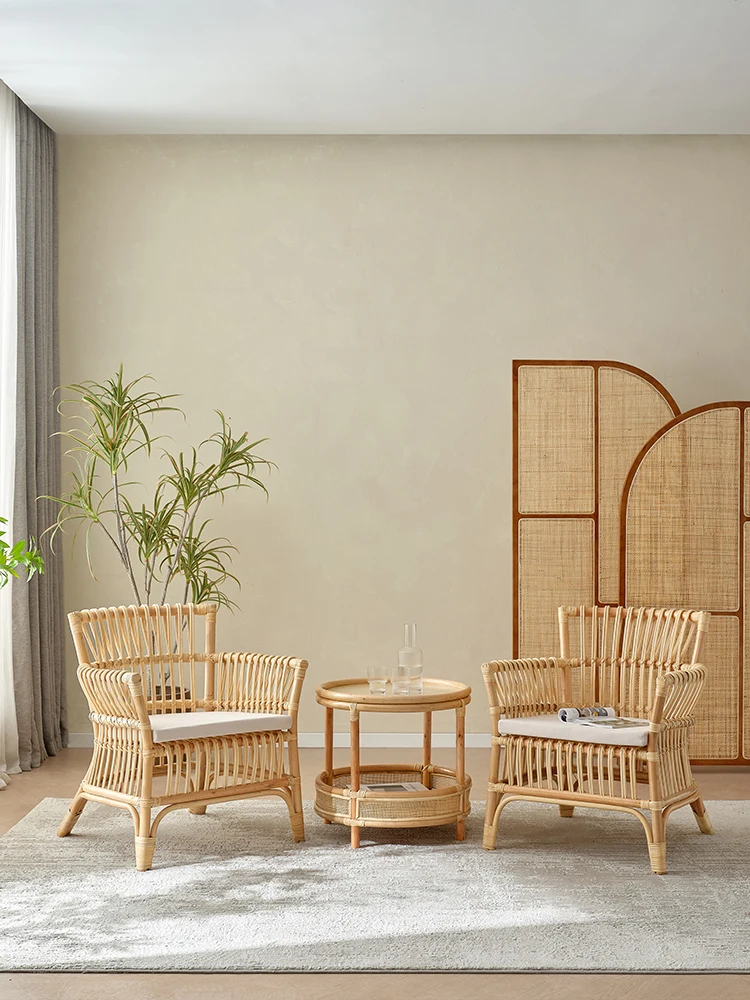 Nordic genuine rattan leisure chair, homestay balcony, single backrest armchair, modern and simple rattan woven chair