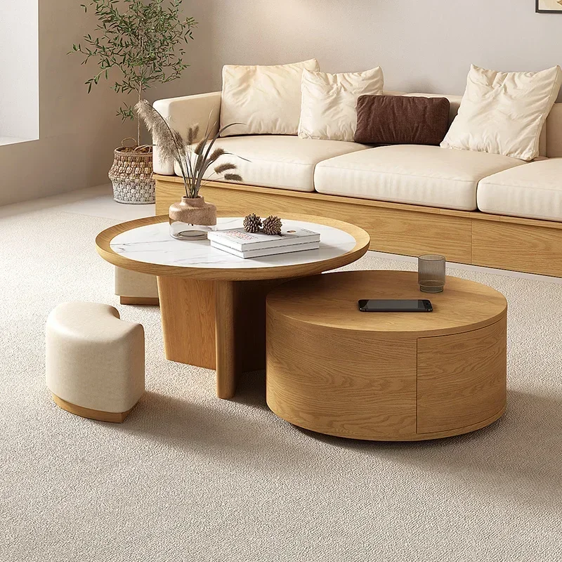 

Nordic solid wood small apartment simple modern rock slab round tea table combination