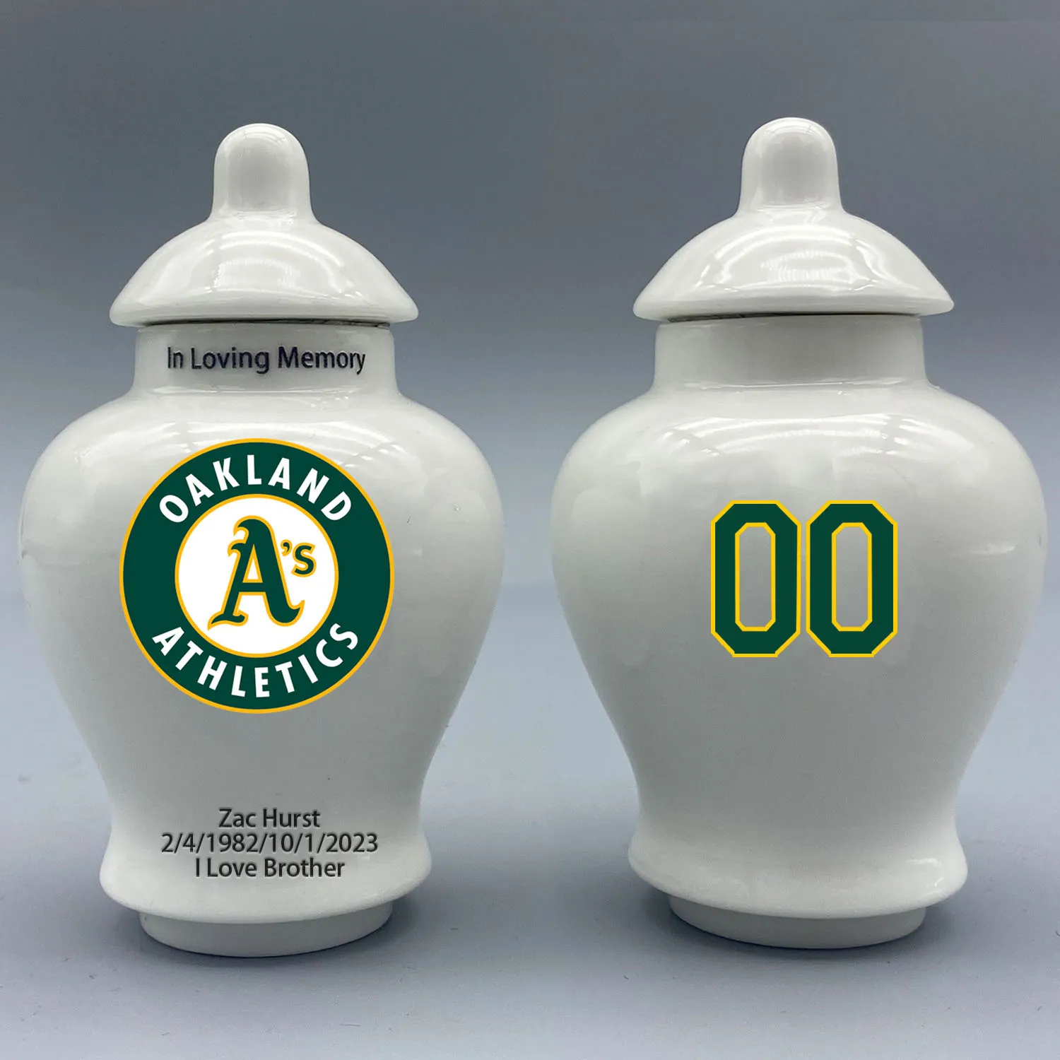 

Mini Urn for Oakland Athletics-Baseball themed.Please send me the customization information - name/date and number on the urn