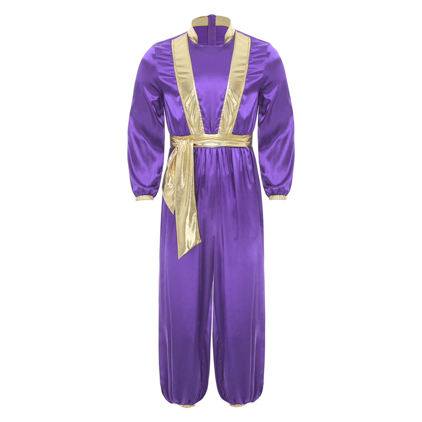 

Men Arabian Prince Captain Cosplay Costumes Halloween Dress Up Outfits Metallic Shiny Trim Jumpsuits Fairy Tale Cosplay Suits