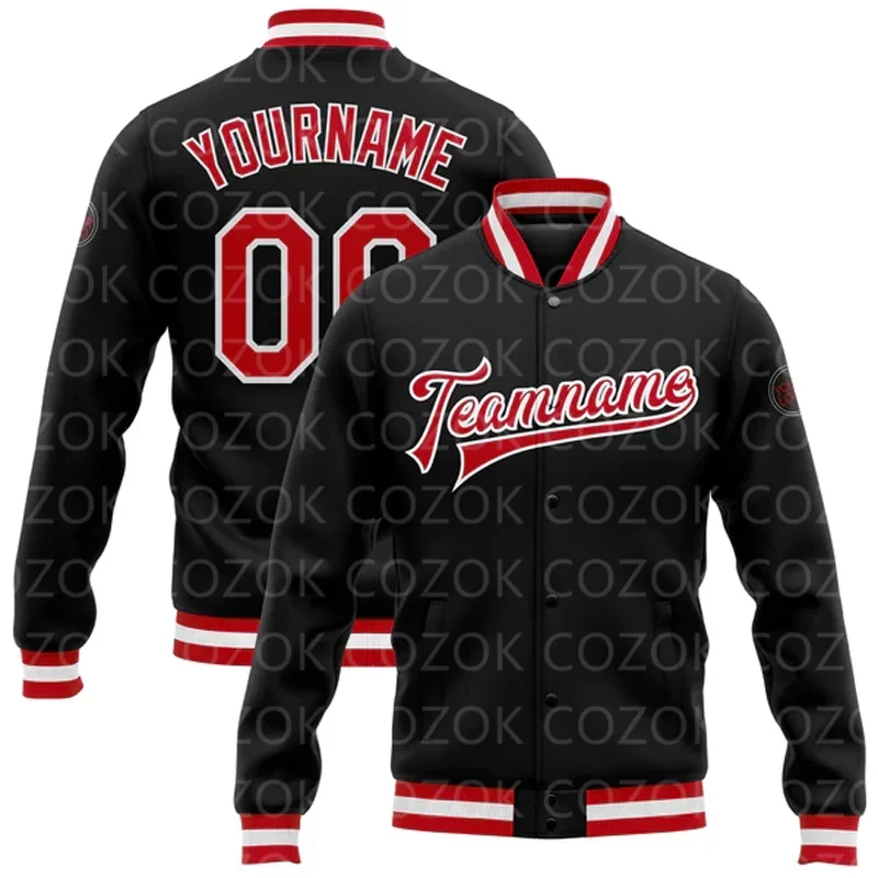 

Custom Black Red 3D Printed Baseball Button Jacket Bomber Full-Snap Varsity Letterman Jacket