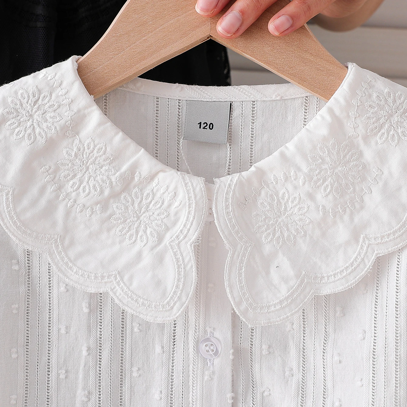 Mädchen-Shirt für 6-12 Jahre, 100% Baumwolle, Langarm, Jacquard-Stickerei, Muschelkragen, Puffärmel, Weiß, Frühling/Herbst Oberteil – Detail 6