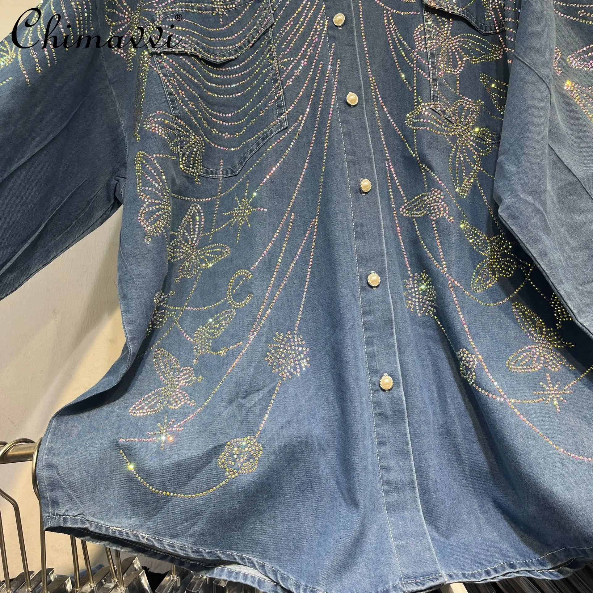 Autumn New Heavy Butterfly Hot Diamond Long-sleeved Denim Shirt Women's High-end Wide-leg Pant Set High Street Two-piece Sets