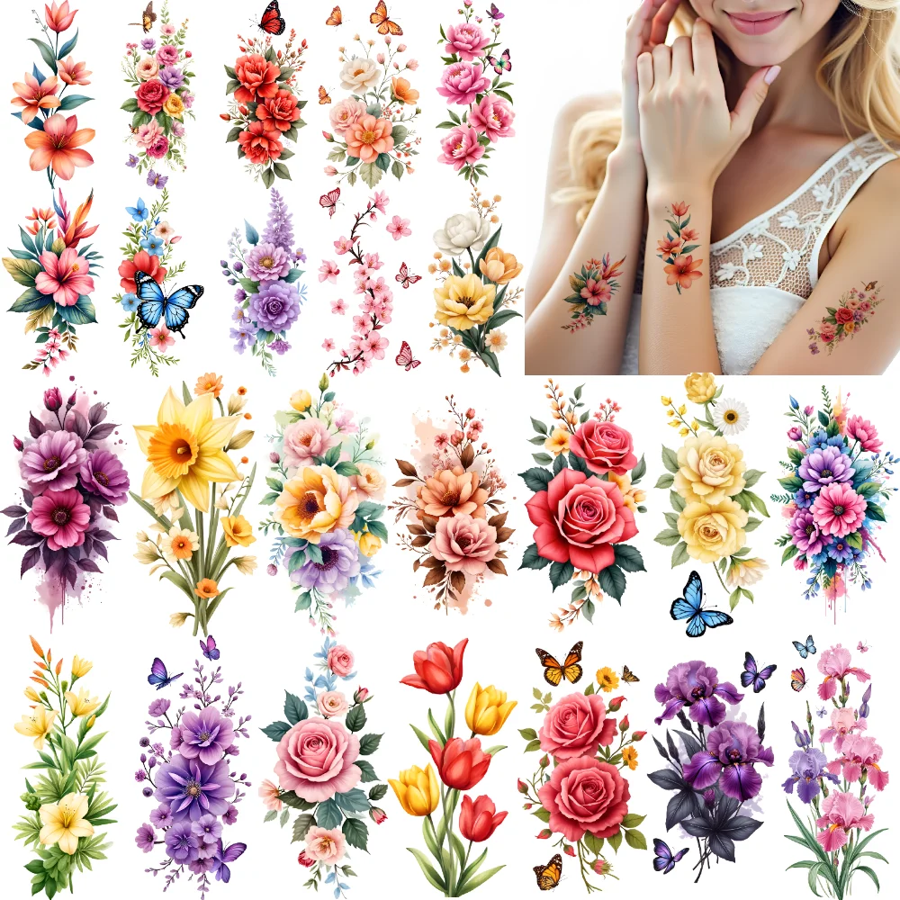 

9pcs Temporary Tattoo Temporary Tattoo Stickers Tulips Peonies Dragonfly For Thighs Arms Back