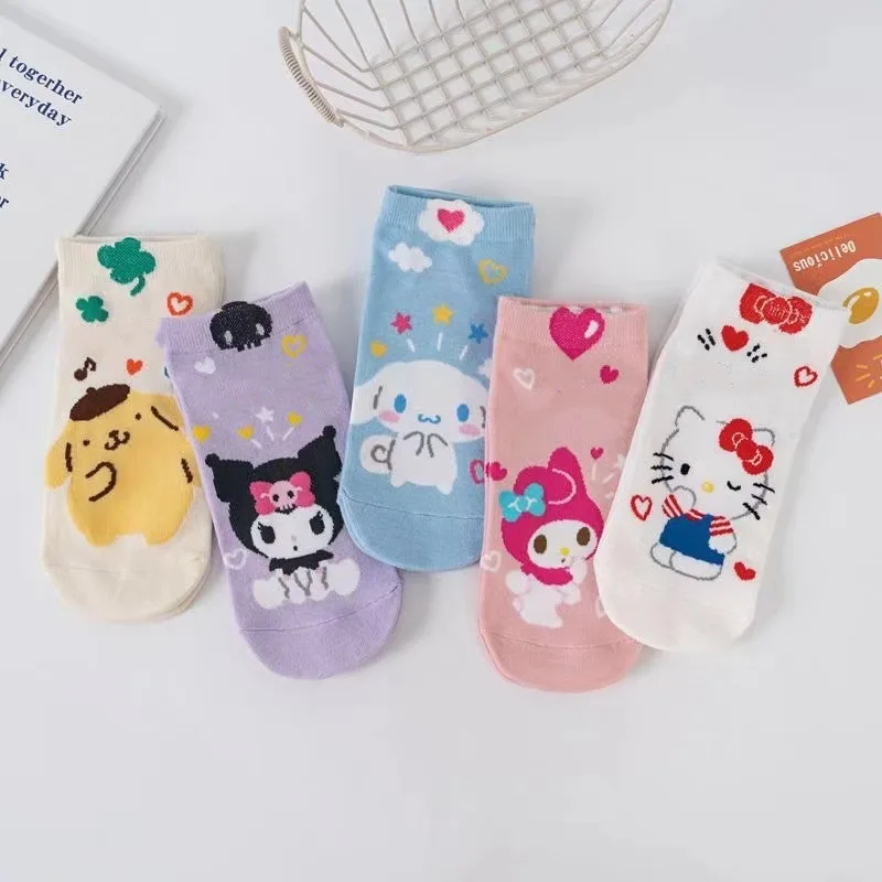 5pairs girl socks Anime Sanrio Hello Kitty Kuromi Spring Summer Sweet In The Tube Cartoon Socks Cute Girls Cotton Home Warm Sock