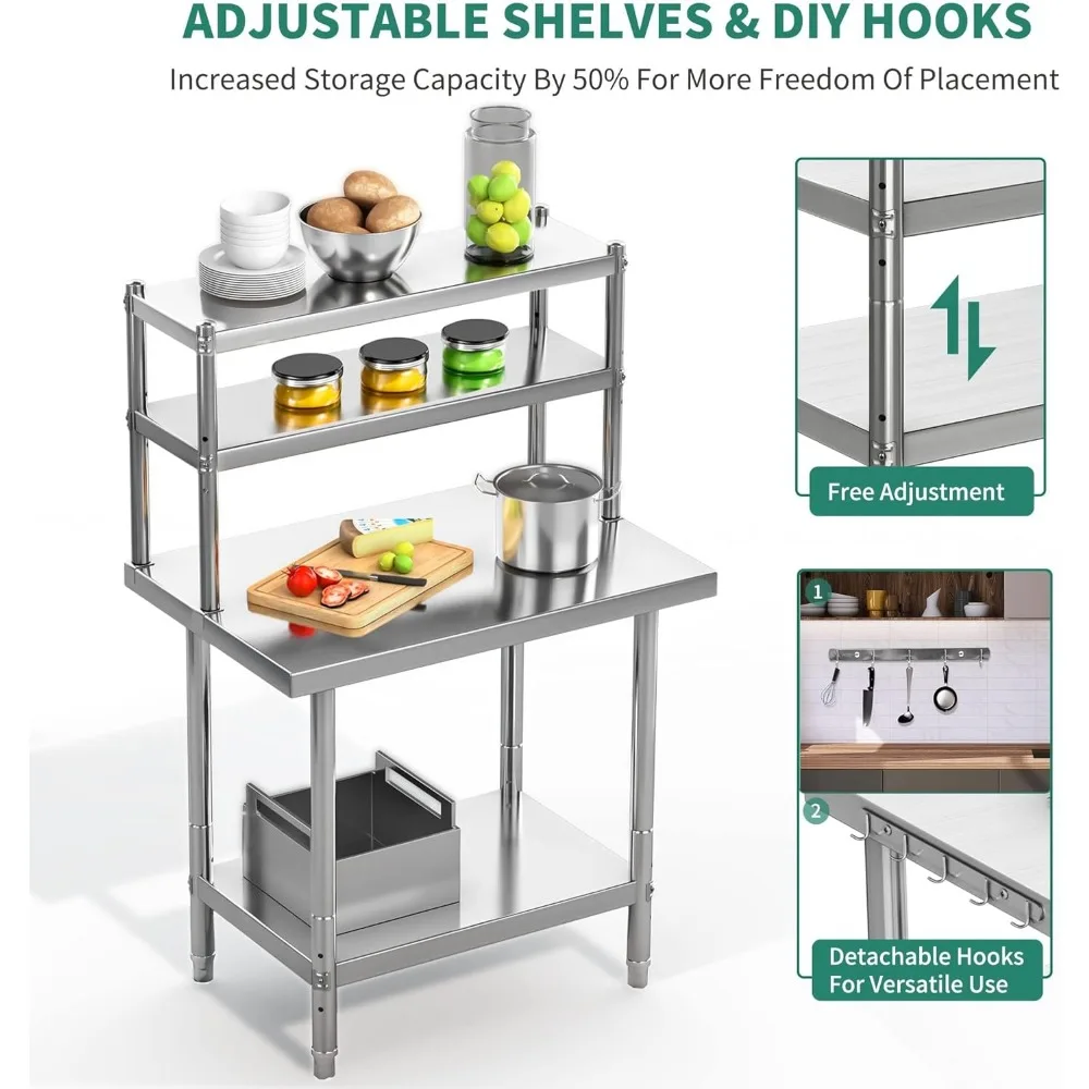 Stainless Steel Table with Overshelves, Metal Table Prep Table for Home Kitchen Restaurant Garage Warehouse