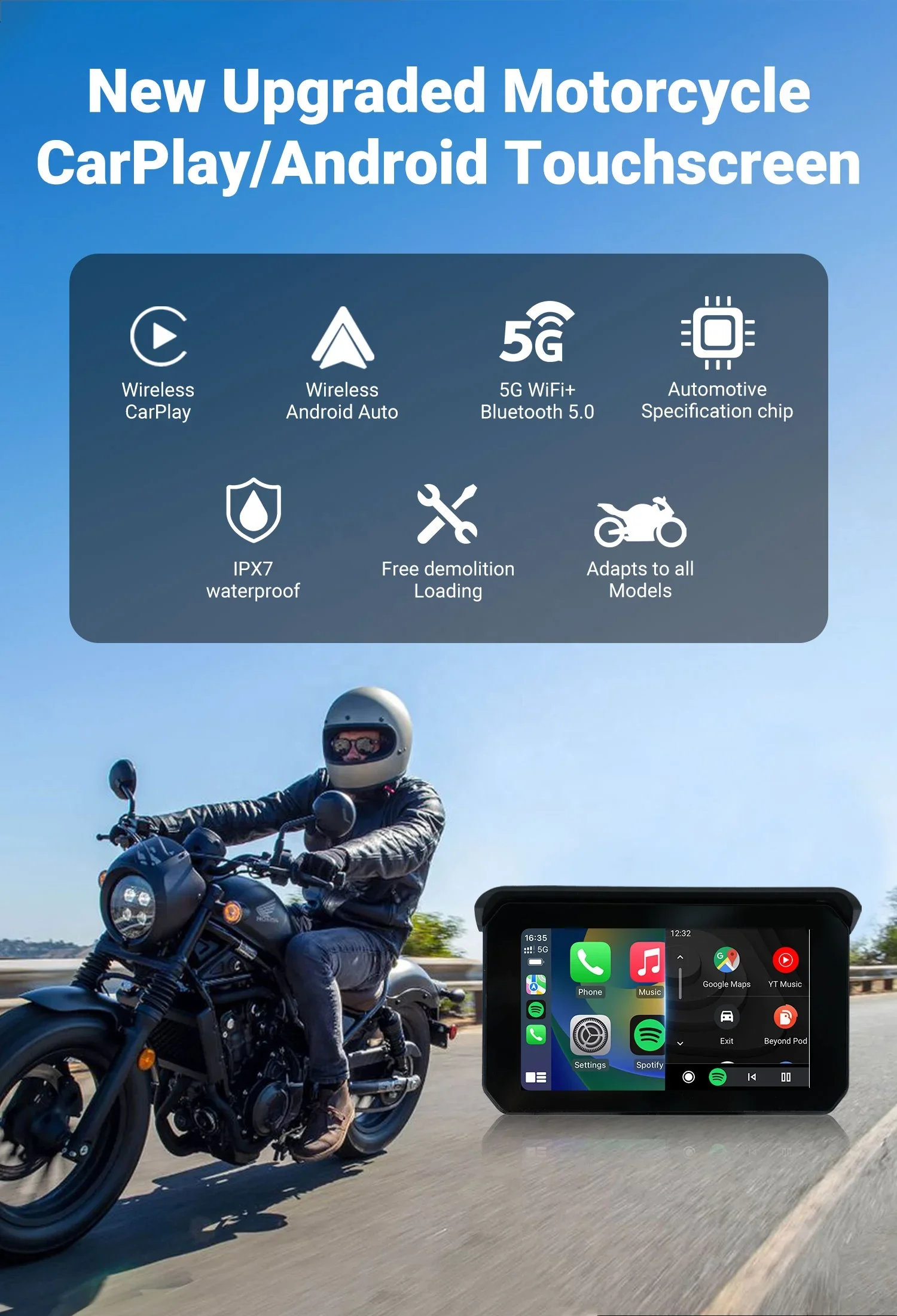 Navigazione GPS portatile per moto da 5 pollici IP67 Supporto impermeabile Carplay e connessione wireless automatica Android con WIFI BT FM
