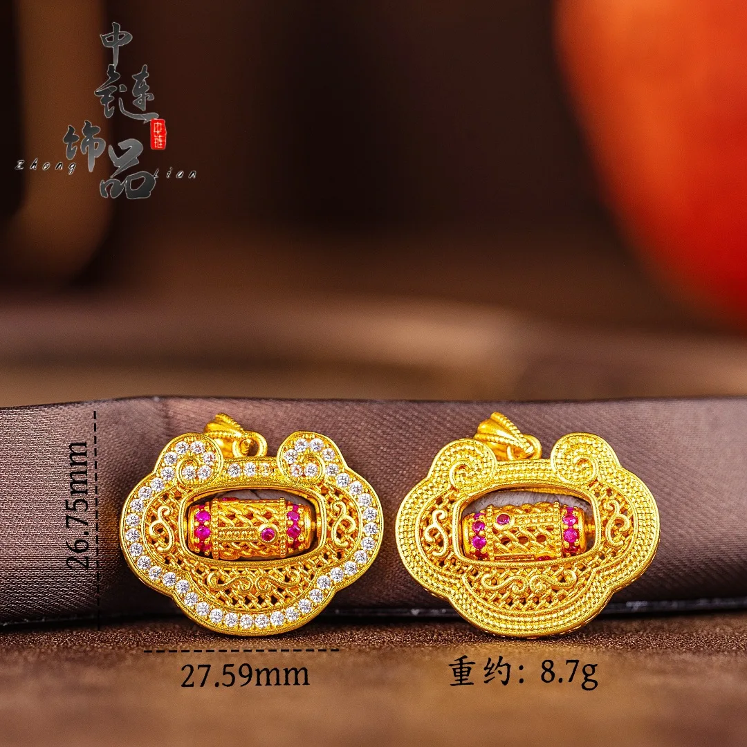 National rhyme inheritance silk Ruyi peace lock pendant new Chinese style inlay diamond rotation 9999gold
