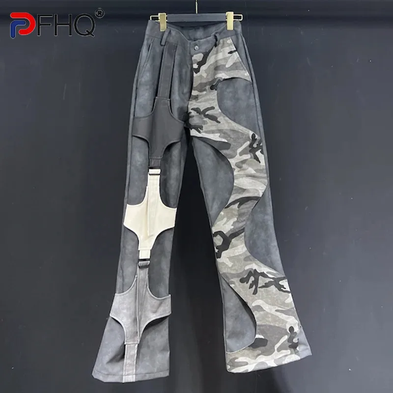 

PFHQ Men's New Darkwear PU Pants High Waist Wide Legs Streetwear Baggy Patchwork Camouflage Design Male Trousers Spring 21Z4287