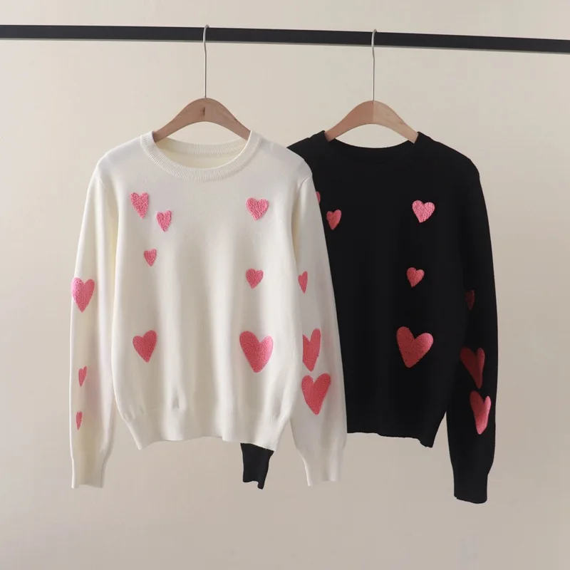 Autumn and Winter New Cute Youth-Looking Full-Body Love Flocking Embroidered Crew Neck Long-Sleeved Knitted Sweater Pullover Bot