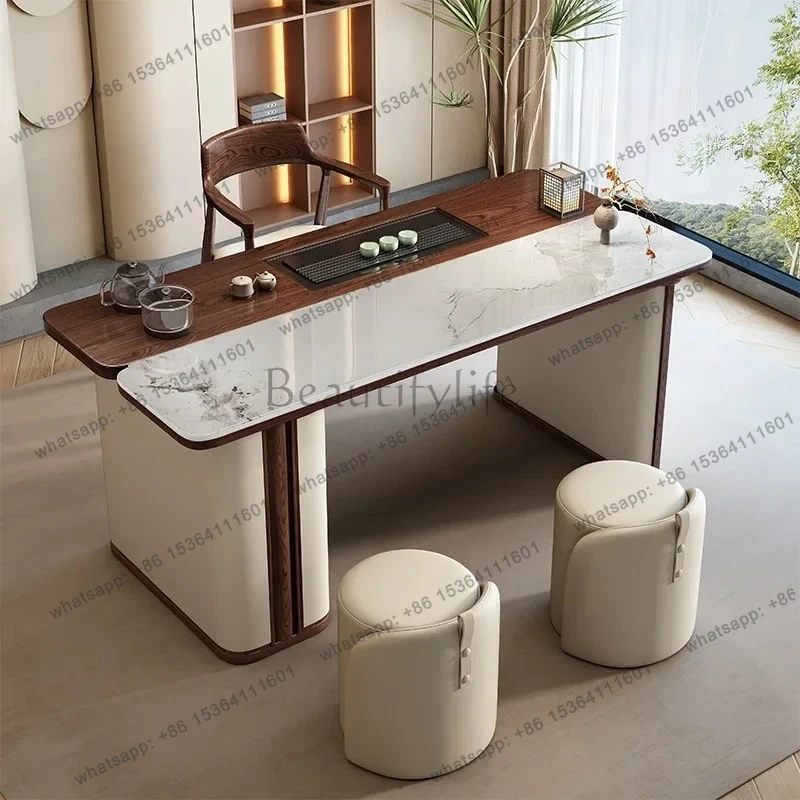 Italian medieval style balcony rock slab tea table solid wood household small tea table tea tray integrated