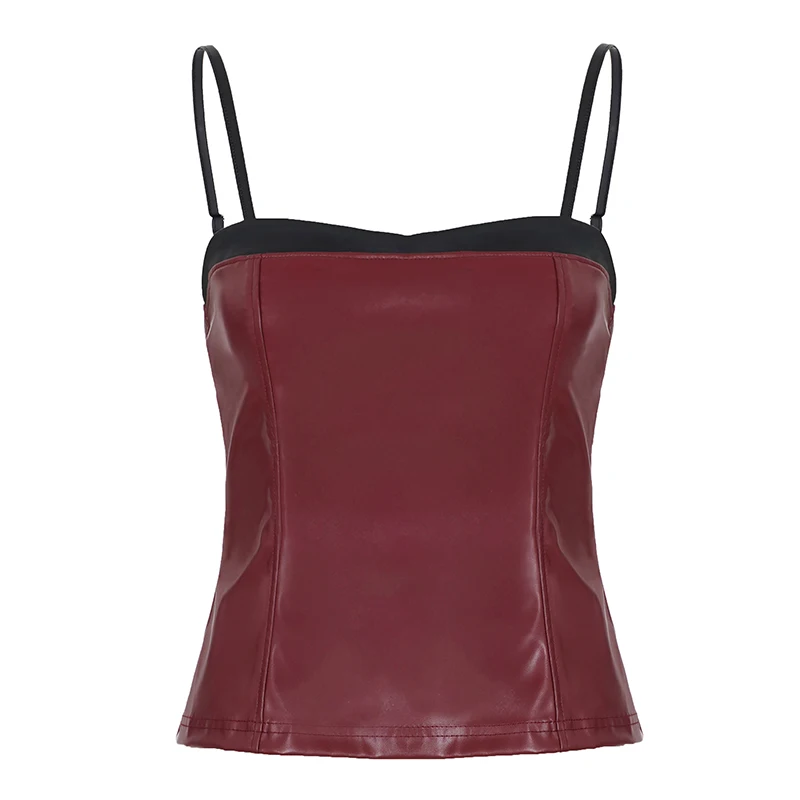 Vintage Patchwork Pu Leder Kontrast Farbe Camis Tops Schmal Anliegende Zipper Slash Neck Ärmellose Tank Tops Frauen 2025, Sommer