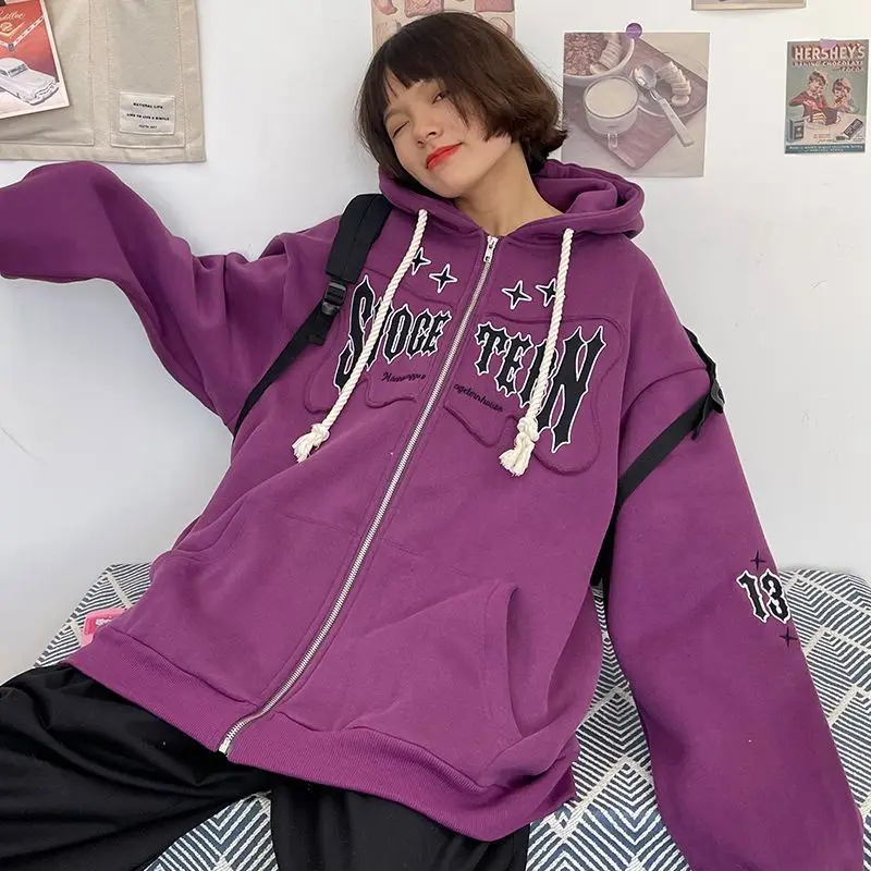 

Lovers Outer Banks Plus Fleece Thick Kpop Vintage Sweatshirt Casual Sweatshirts Letter Embroidery Zip Hoodie Loose Coat Jacket