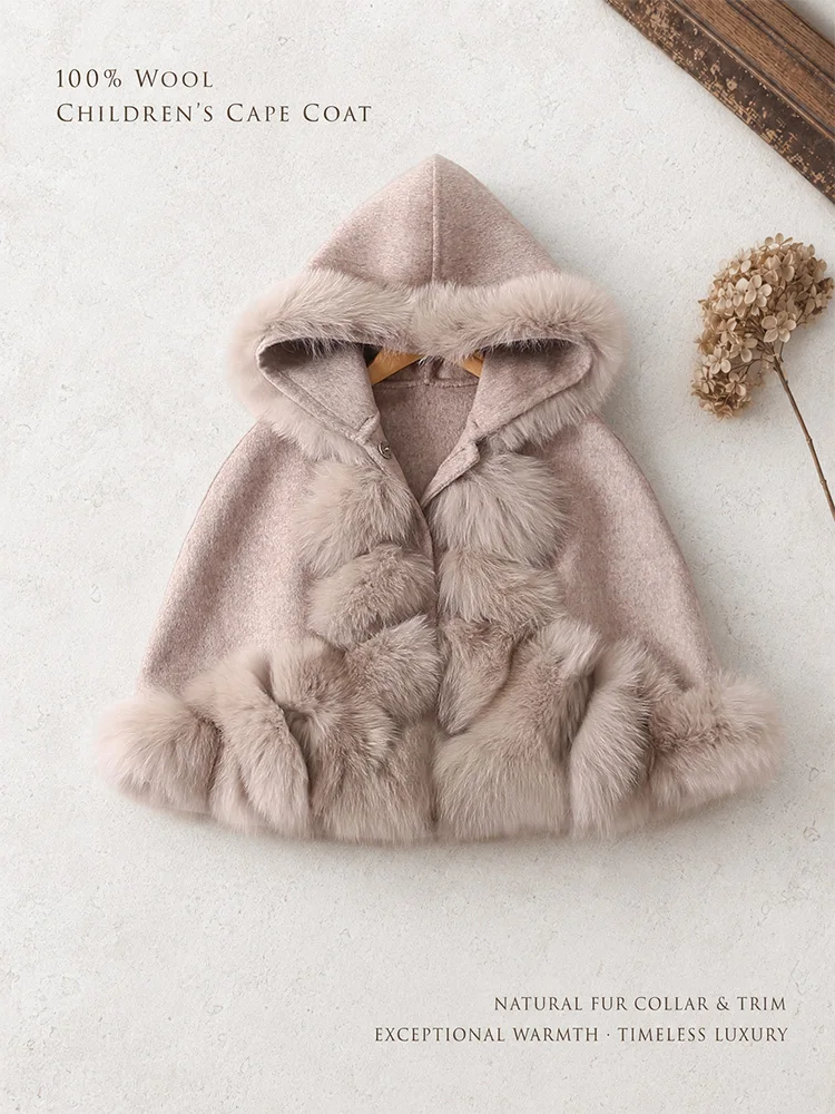 Toddler Kids 100% Wool Cape Coat Natural Fur Trim Hooded Cloak Children Winter Princess Outerwear Soft Warm Elegant Gift 2-8Y