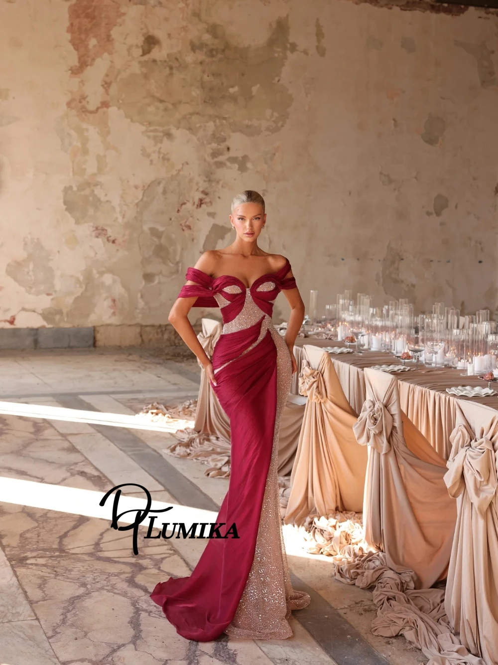 2027 New Burgundy Mermaid Evening Dress Off Shoulder Draped Chiffon Sequin Patchwork Prom Gown Unique Pleated Customized Wear