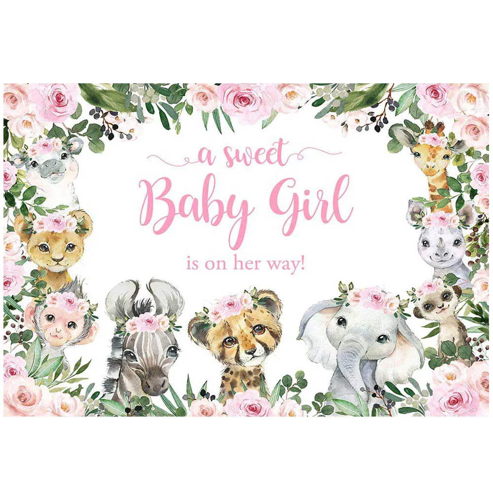 Mocsicka cenário de chá de bebê, uma doce menina está em sua maneira, animais da selva, fundo fotográfico, safari, festa de aniversário, decoração personalizada