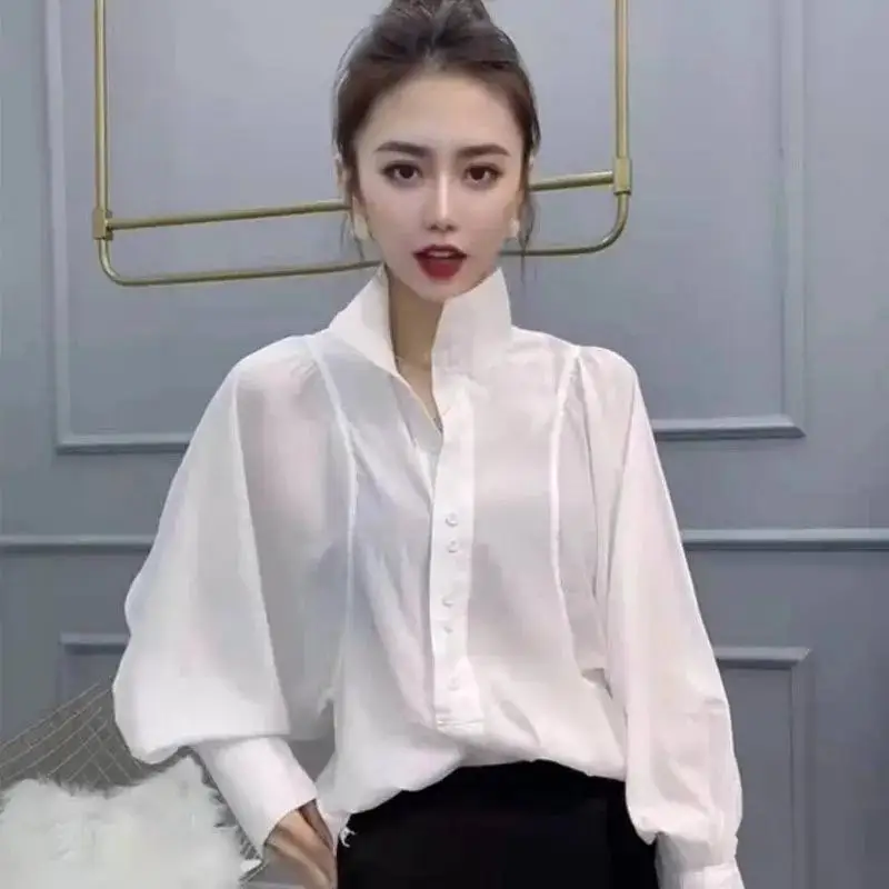 Stylish Solid Color Spliced Folds Lantern Sleeve Blouse Female Clothing 2023 Autumn New Casual Pullovers Loose Office Lady Shirt